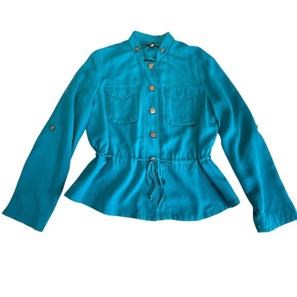 WHBM Aqua Blue Button Up Lightweight Drawstring Waist Bold Vivid Shirt Jacket 8 - Picture 9 of 12
